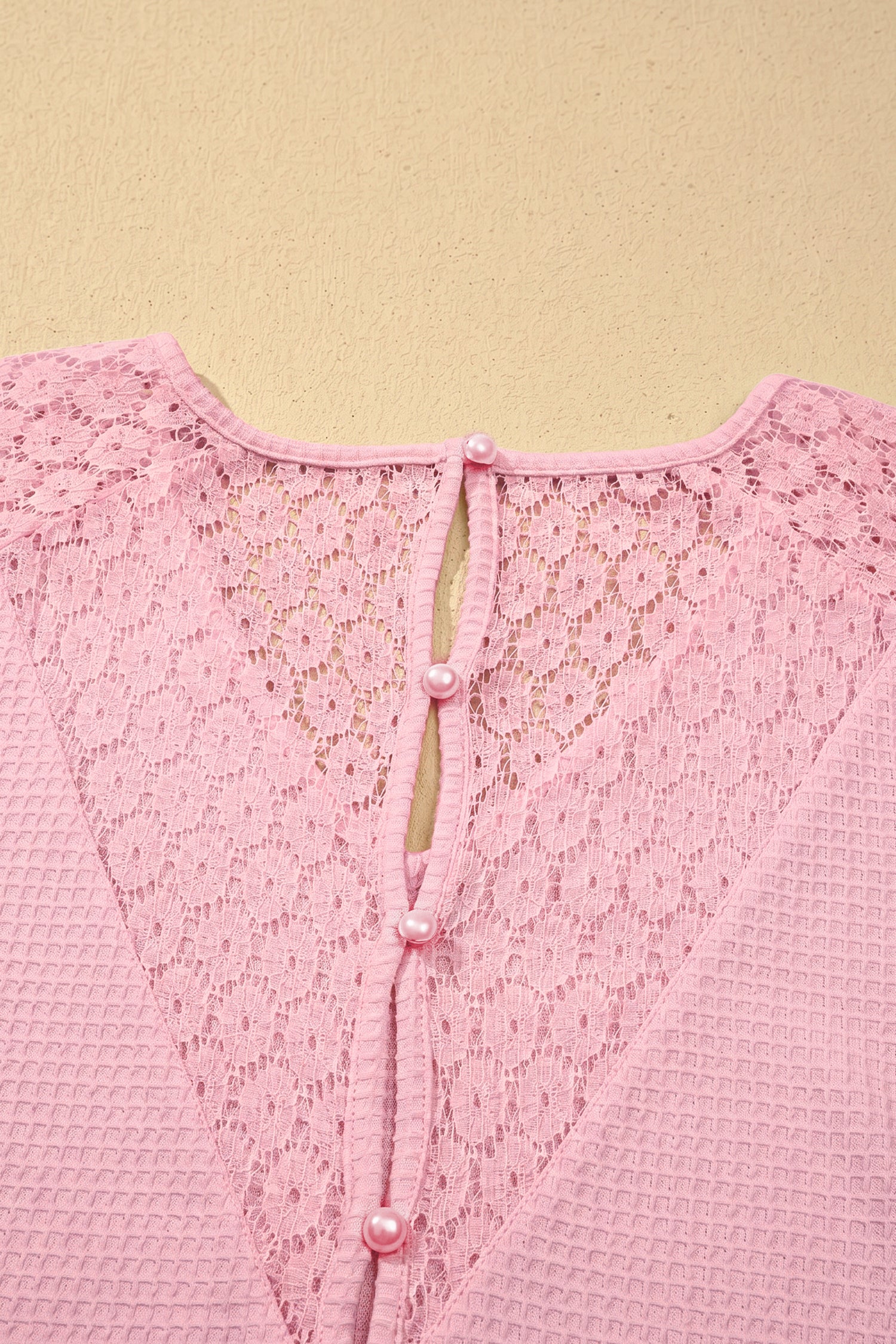 Pink Lace Splicing Button Cutout V Neck Waffle Knit Blouse