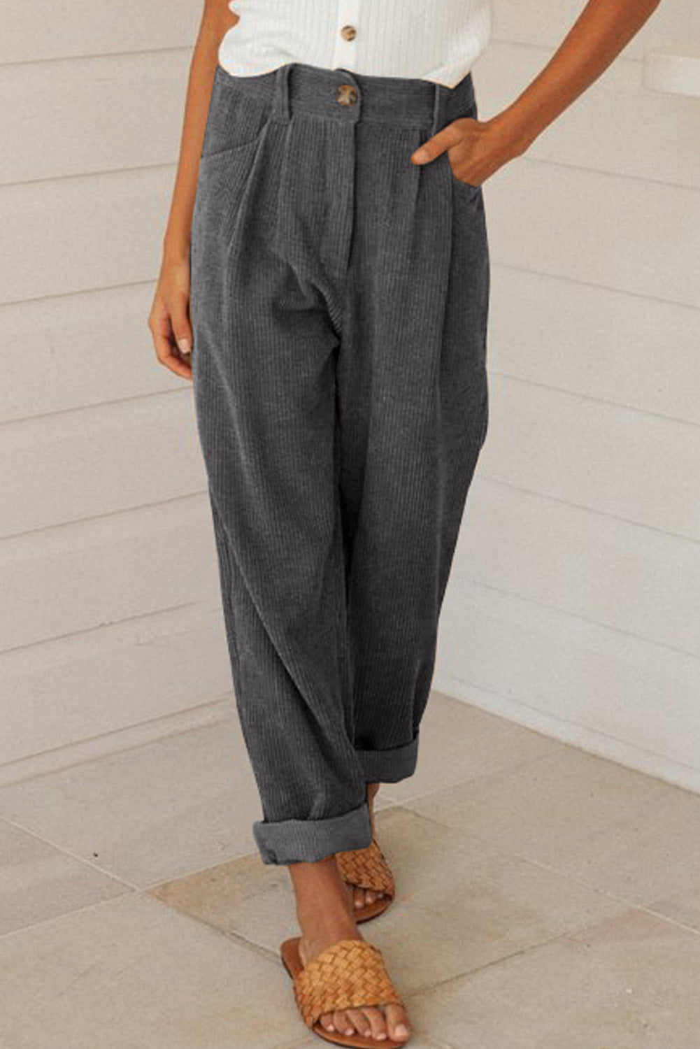 Gray Corduroy High Waist Straight Leg Trousers Beagle Boutique Fashion Outlet