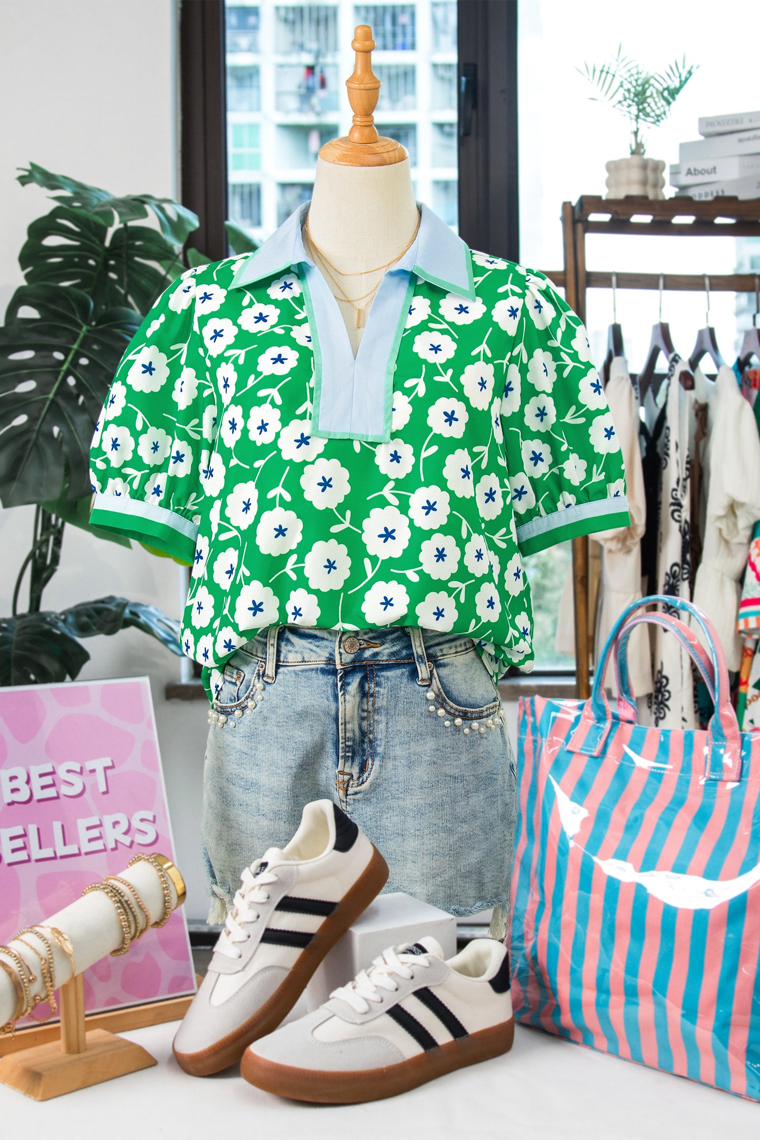 Flower Printed Contrast Patchwork Collar Short Sleeve Blouse – Green