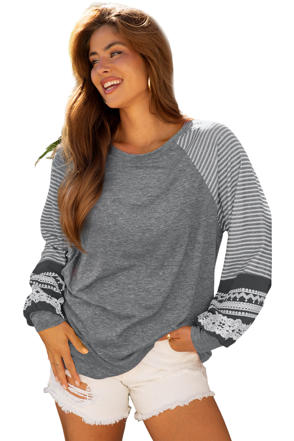 Contrast Print Striped Raglan Long Sleeve Loose Top - eAura