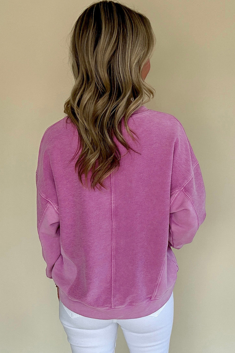 Bright Pink Solid Colour Notched Neck Drop Shoulder Sweatshirt Beagle Boutique Fashion Outlet