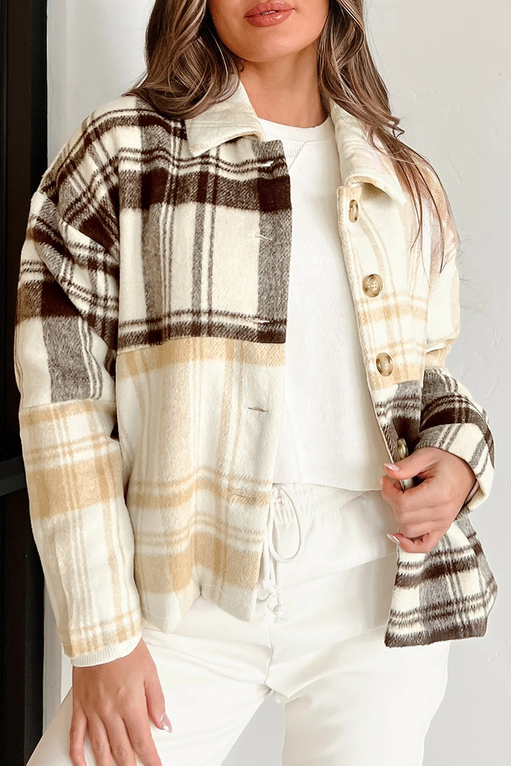 Multicolour Plaid Patchwork Side Pockets Buttoned Shacket - eAura