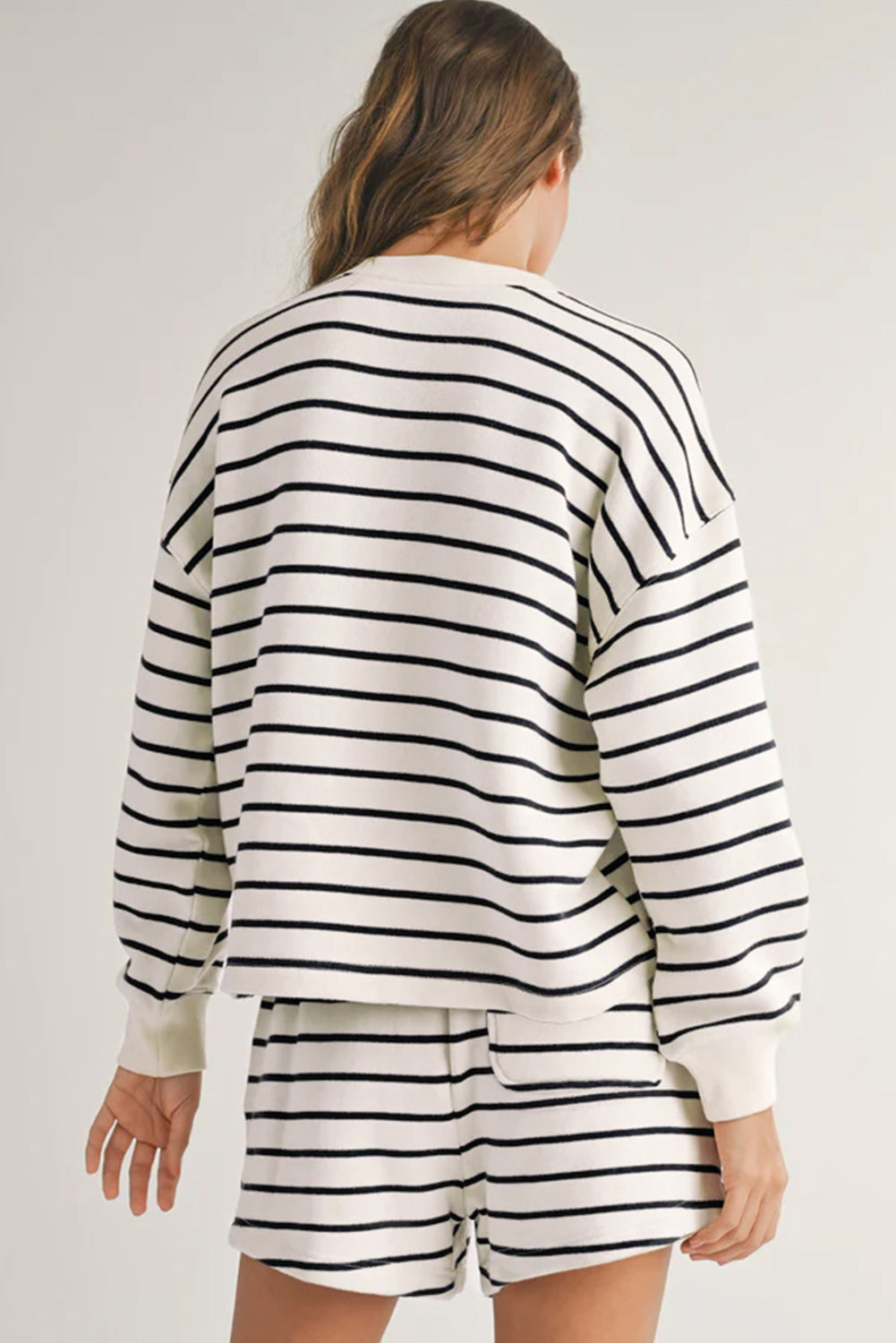 Black white Stripes Printed Half Button Long Sleeve Top and Shorts Set BB Fashion Outlet