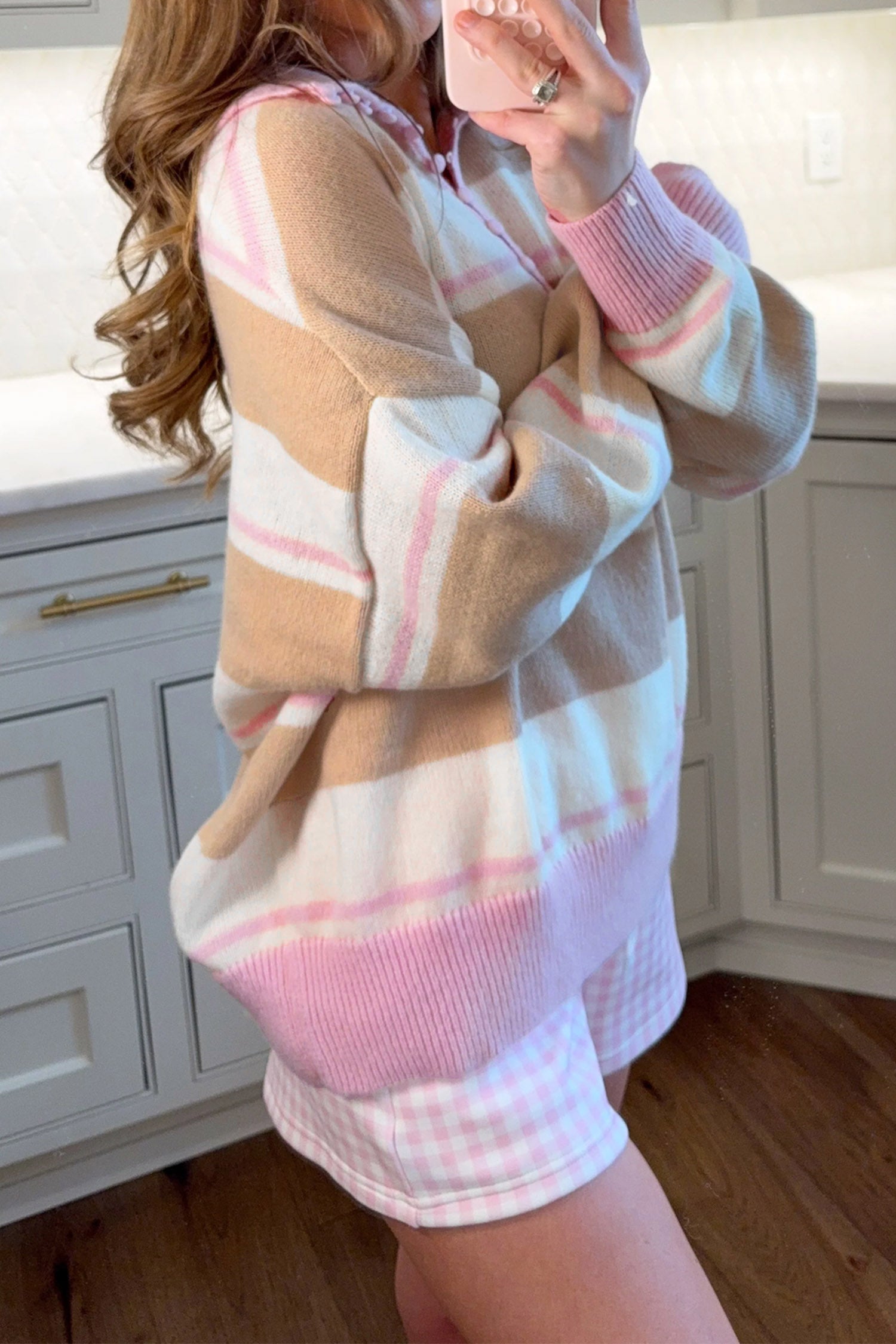 Striped Colorblock V Neck Long Sleeve Tunic Sweater – Pink Stripe