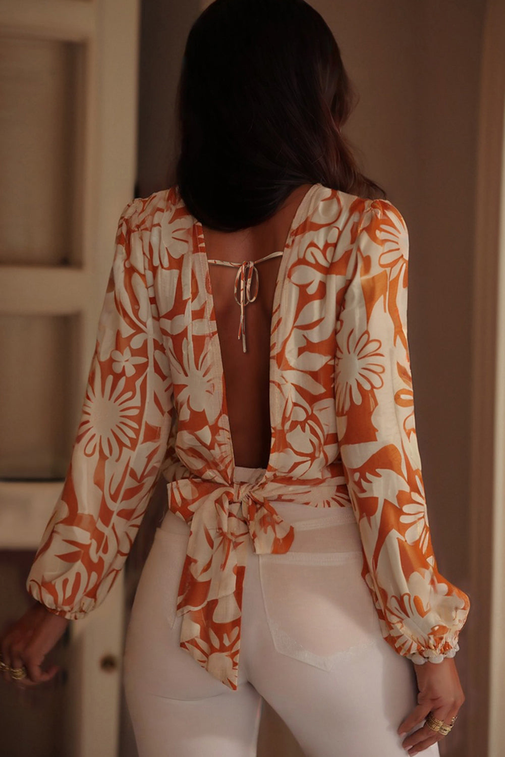 Floral Print Open Back Long Sleeve Blouse - eAura