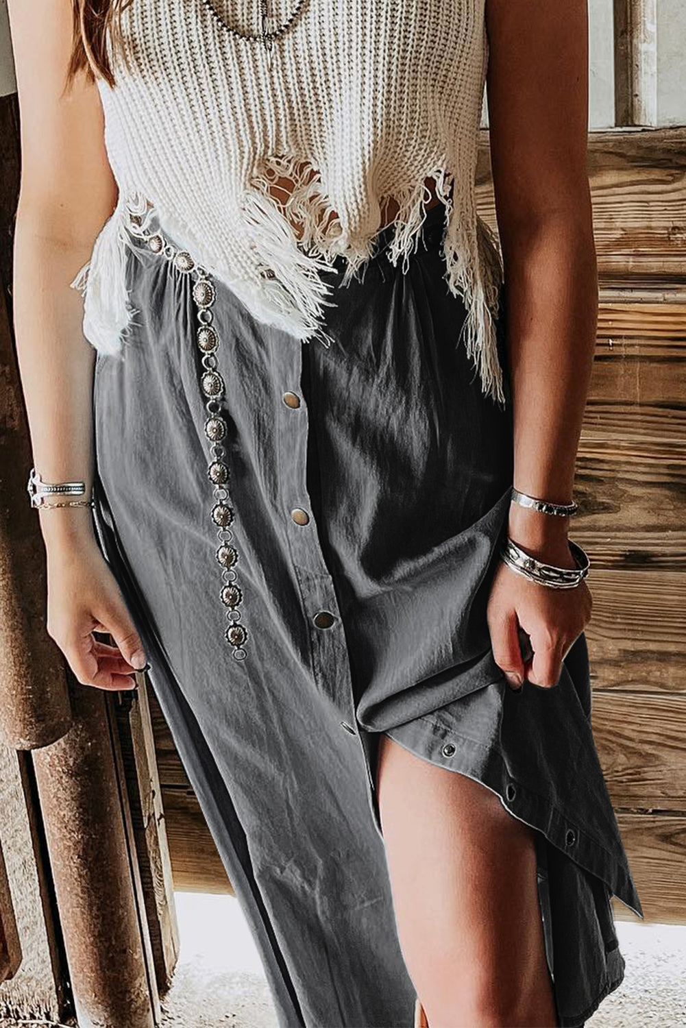 Dark Grey Fully Buttoned Long Denim Skirt eAura