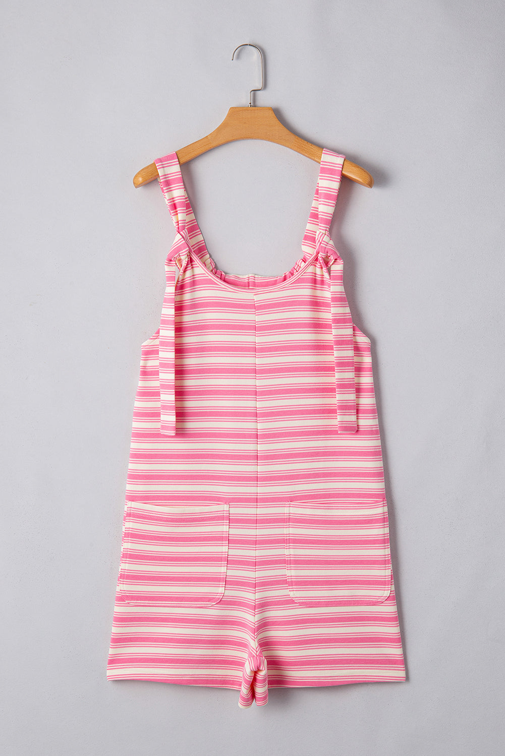 Pink Stripe Knotted Strap Patched Pocket Romper eAura