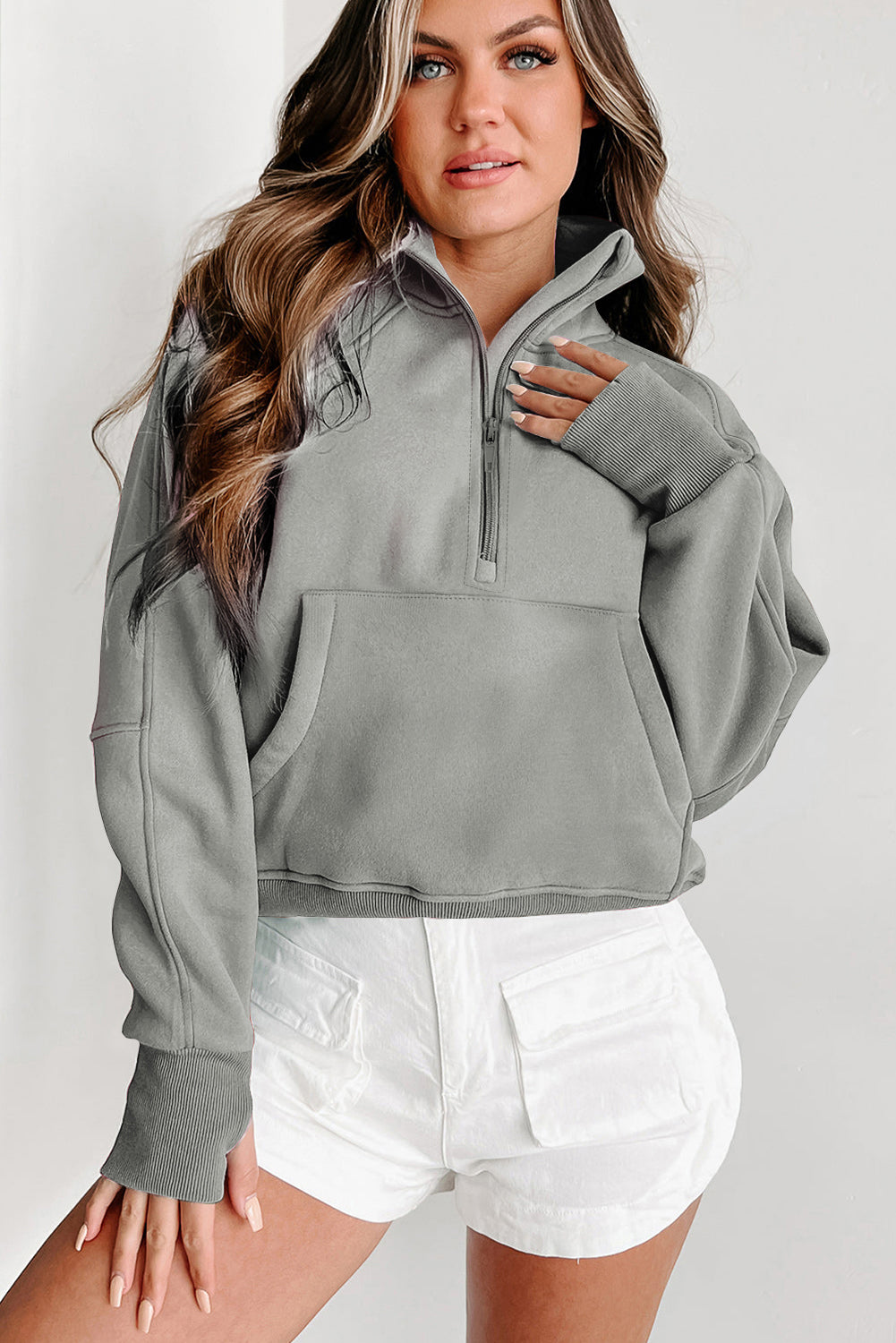 Brown Fleece Lined Zip Up Stand Collar Thumbhole Sleeve Sweatshirt eAura
