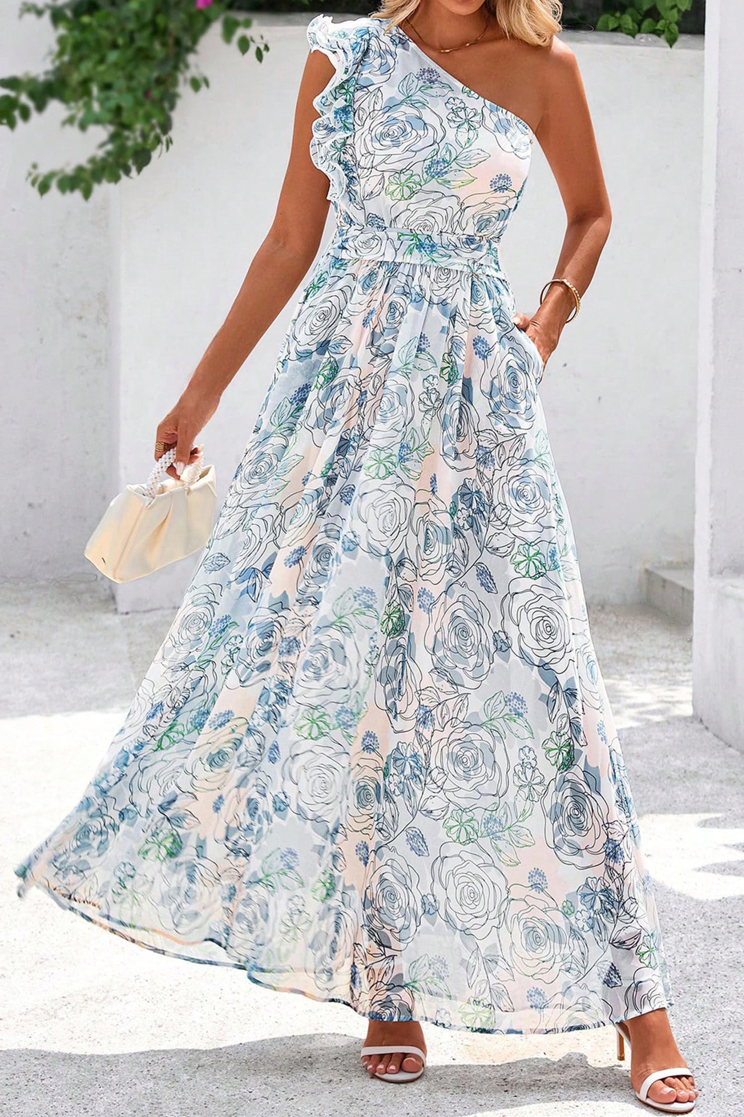 Sky Blue Floral Print Ruffled One Shoulder Maxi Dress