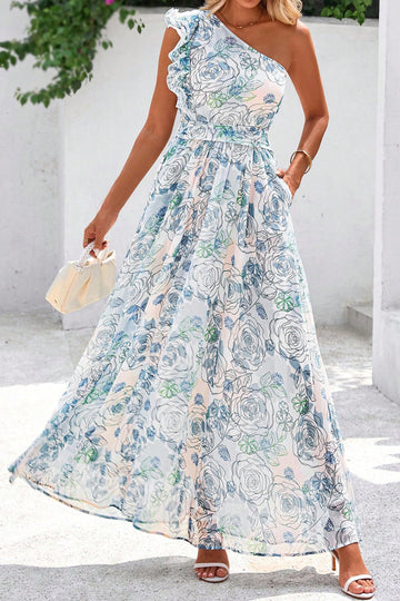Sky Blue Floral Print Ruffled One Shoulder Maxi Dress