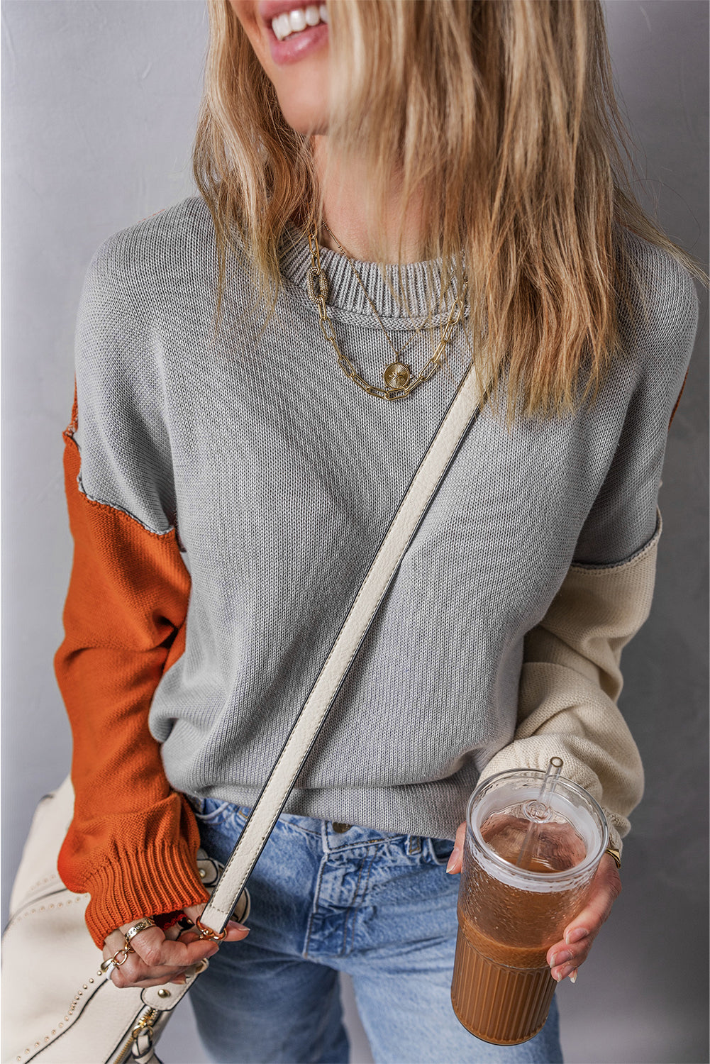 Pink Colourblock Bishop Sleeve Ribbed Trim Sweater eAura