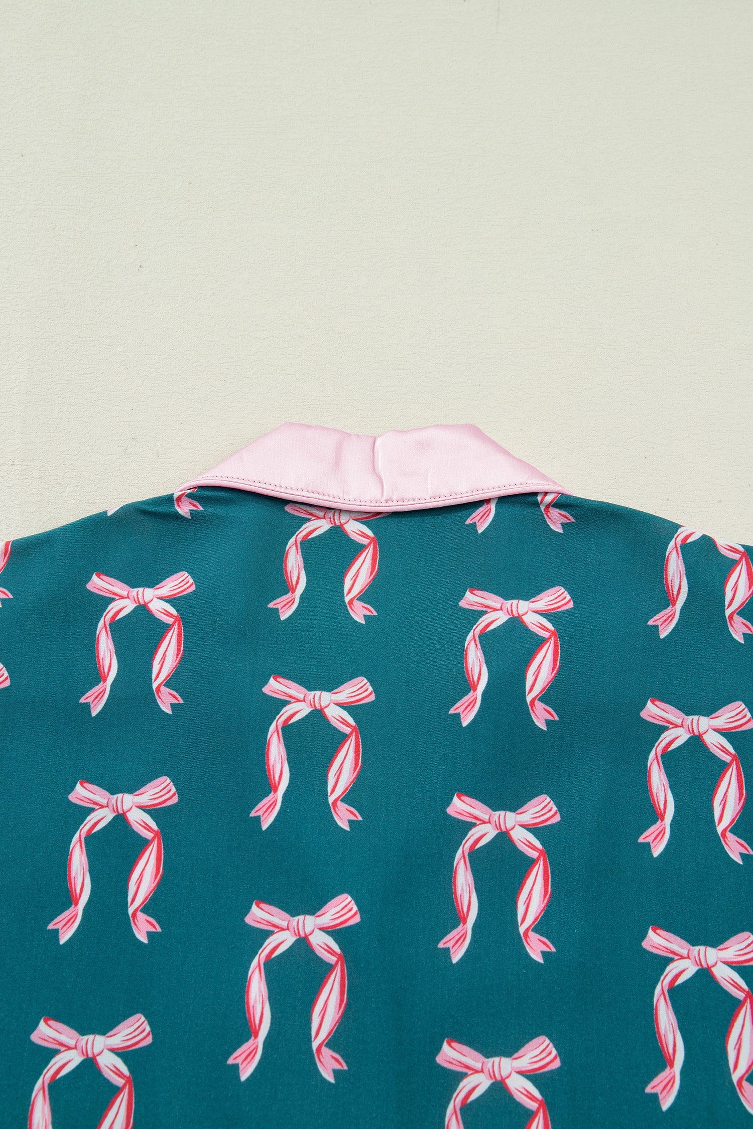 Green Ribbon Bow Print Long Sleeve Shirt and Shorts Pyjama Set - Loungewear & Sleepwear/Sleepwear