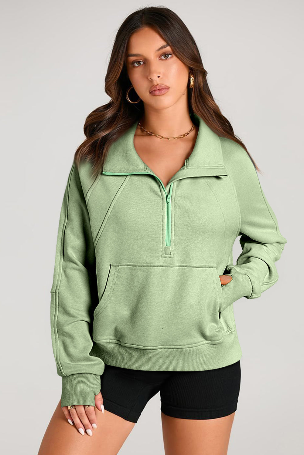Smoke Green Quarter Zip Stand Neck Kangaroo Pocket Sweatshirt eAura