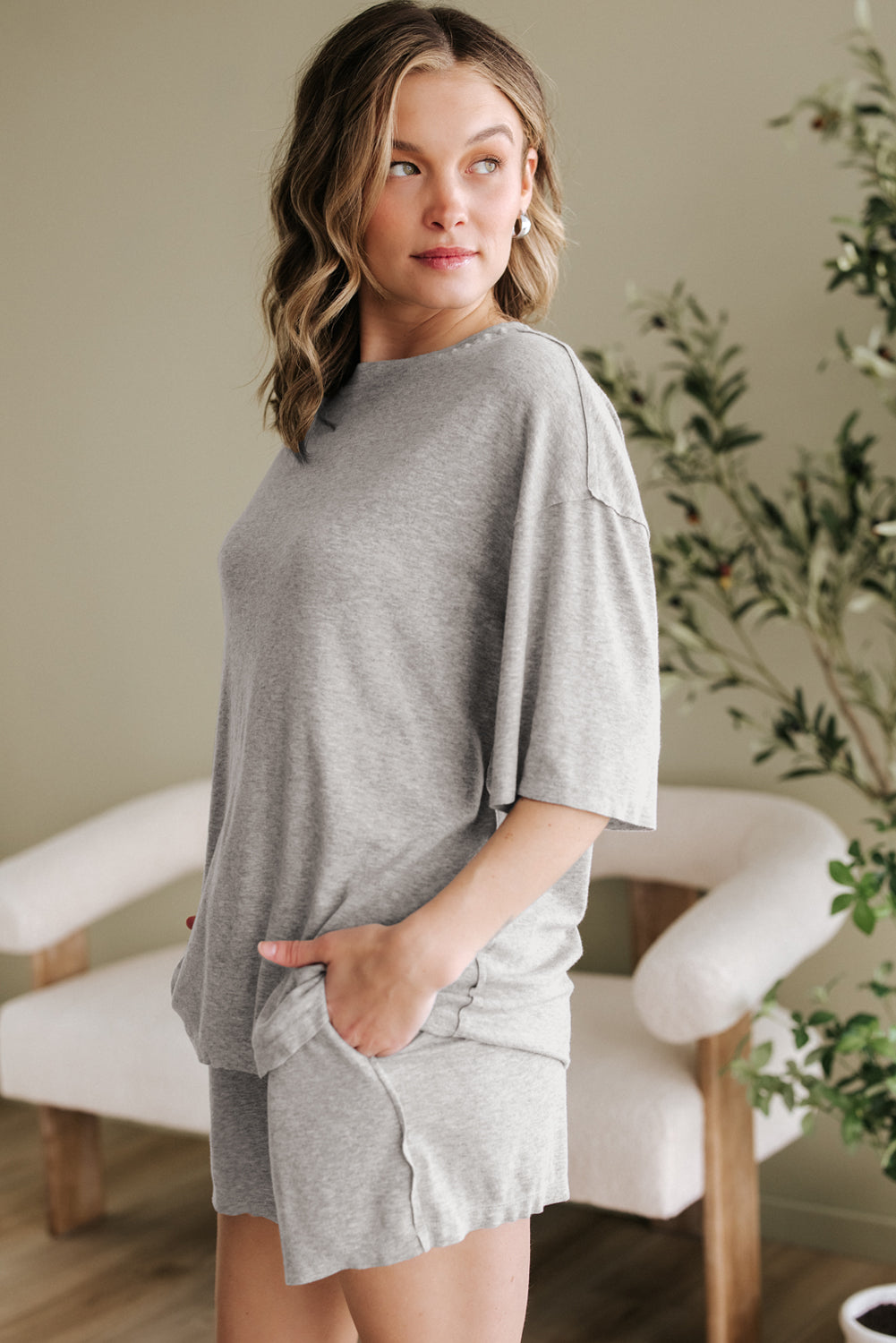 Grey Solid Colour Loose Tee 2 Piece Shorts Set eAura