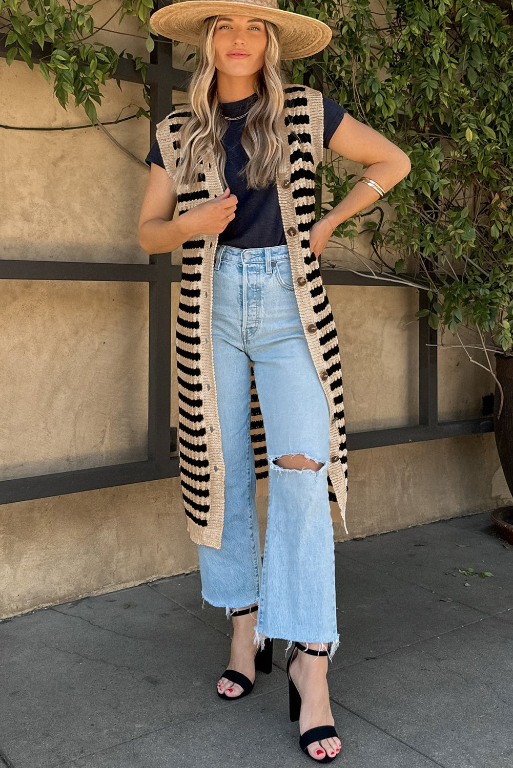 Buttoned Front Pencil Midi Sleeveless Sweater Dress - eAura