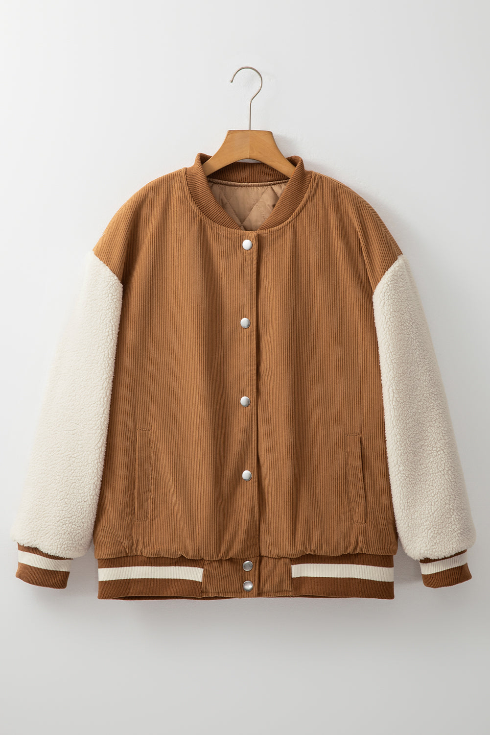 Buckskin Corduroy Fleece Patchwork Buttoned Bomber Jacket eAura