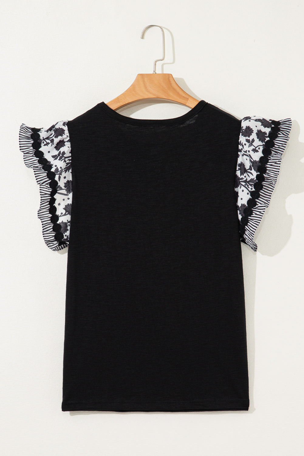 Black Ricrac Trim Printed Flutter Sleeve Contrast Patchwork Blouse BB Fashion Outlet