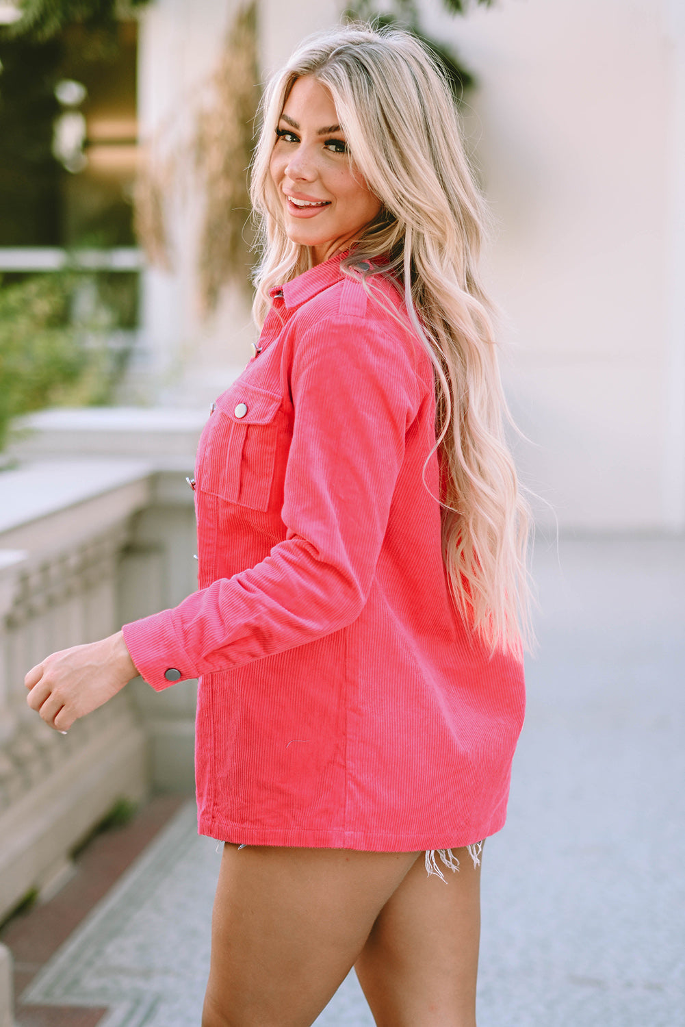 Pink Buttoned Flap Pocket Corduroy Jacket BB Fashion Outlet