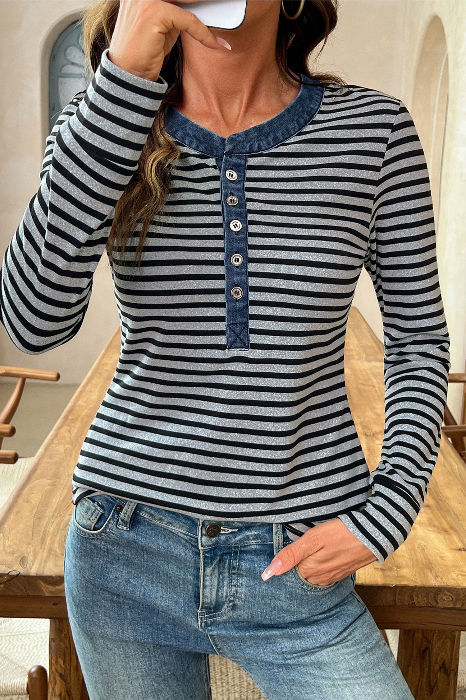 Denim Contrast Collar Half Button Long Sleeve Top – Gray Stripe