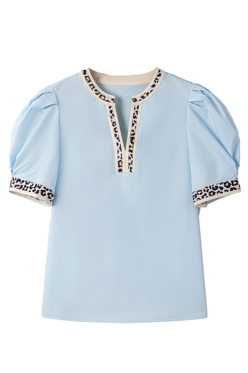 Beau Blue Contrast Leopard Trim Split Neck Puff Sleeve Blouse eAura