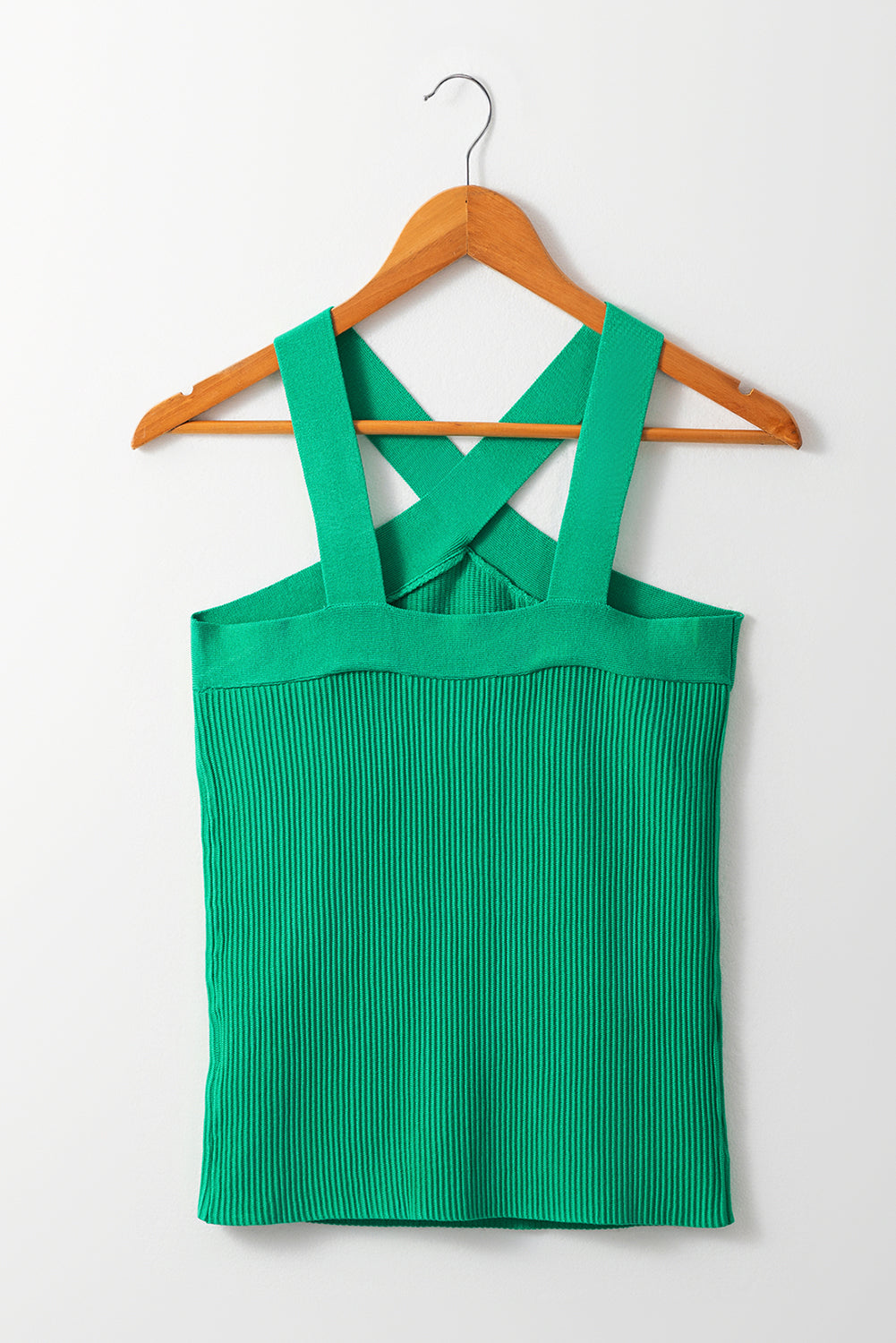 Dark Green Ribbed Criss Cross Halter Neck Sheath Sweater Tank Top eAura