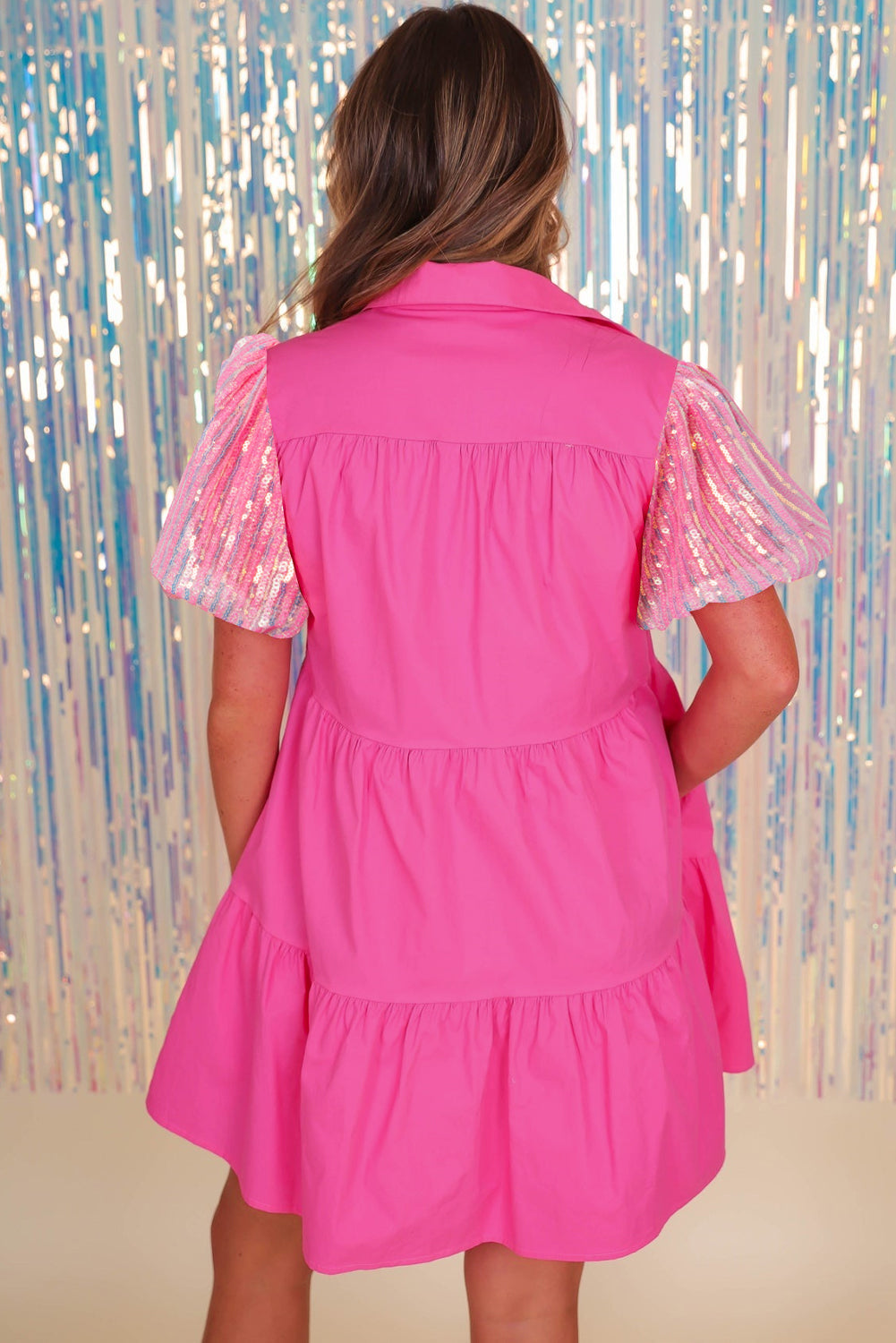 Bonbon Sequined Bubble Sleeve Tiered Ruffled Shirt Dress eAura