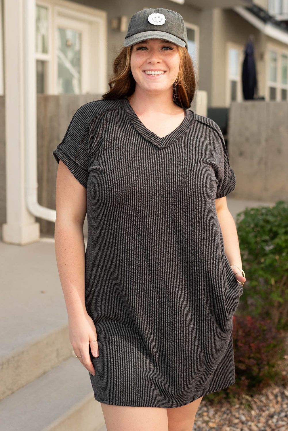 Carbon Grey Ribbed V Neck Plus Size T Shirt Dress with Pockets BB Fashion Outlet