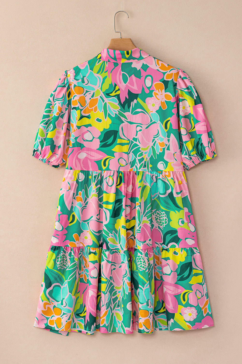 Green Floral Puff Sleeve Collar Buttoned Babydoll Dress eAura