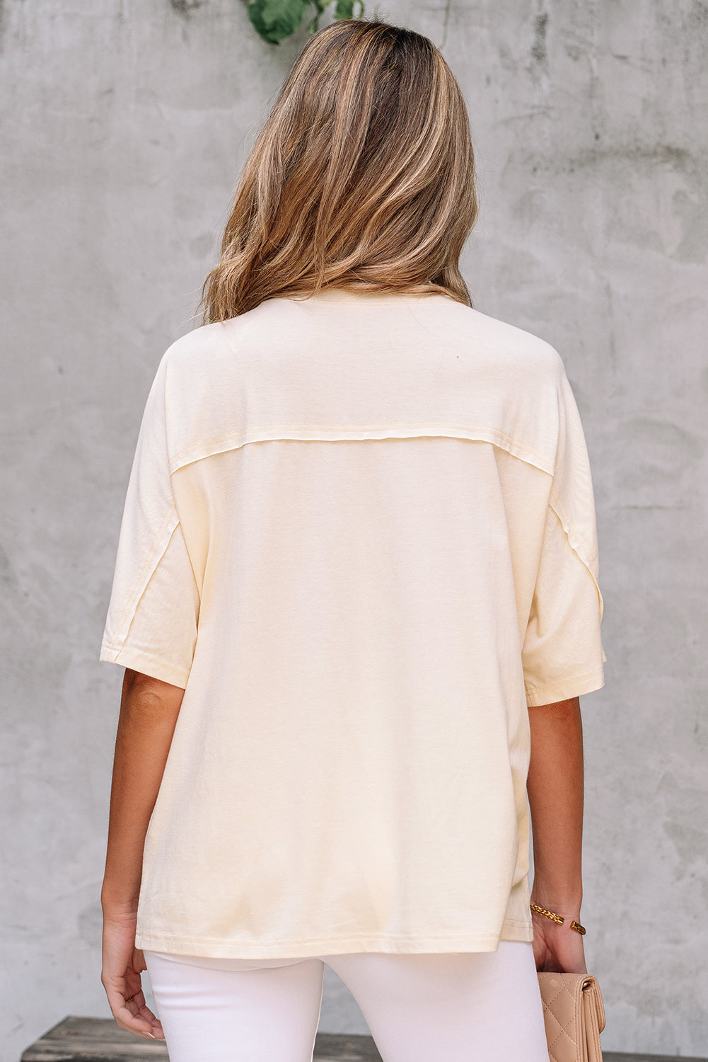 Apricot Flower Patched Exposed Stitching Trim Crew Neck Loose Tee eAura