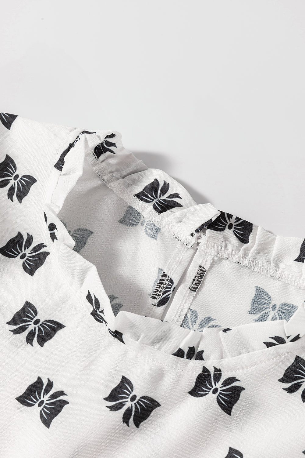 White Bow Knot Print Piping Trim Ruffled Crew Neck Blouse BB Fashion Outlet