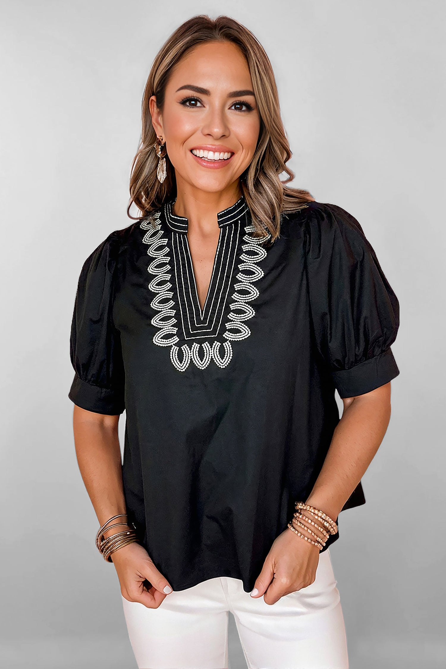 Short Puff Sleeve Contrast Embroidered Detail V-Neck Blouse - Tops/Blouses & Shirts