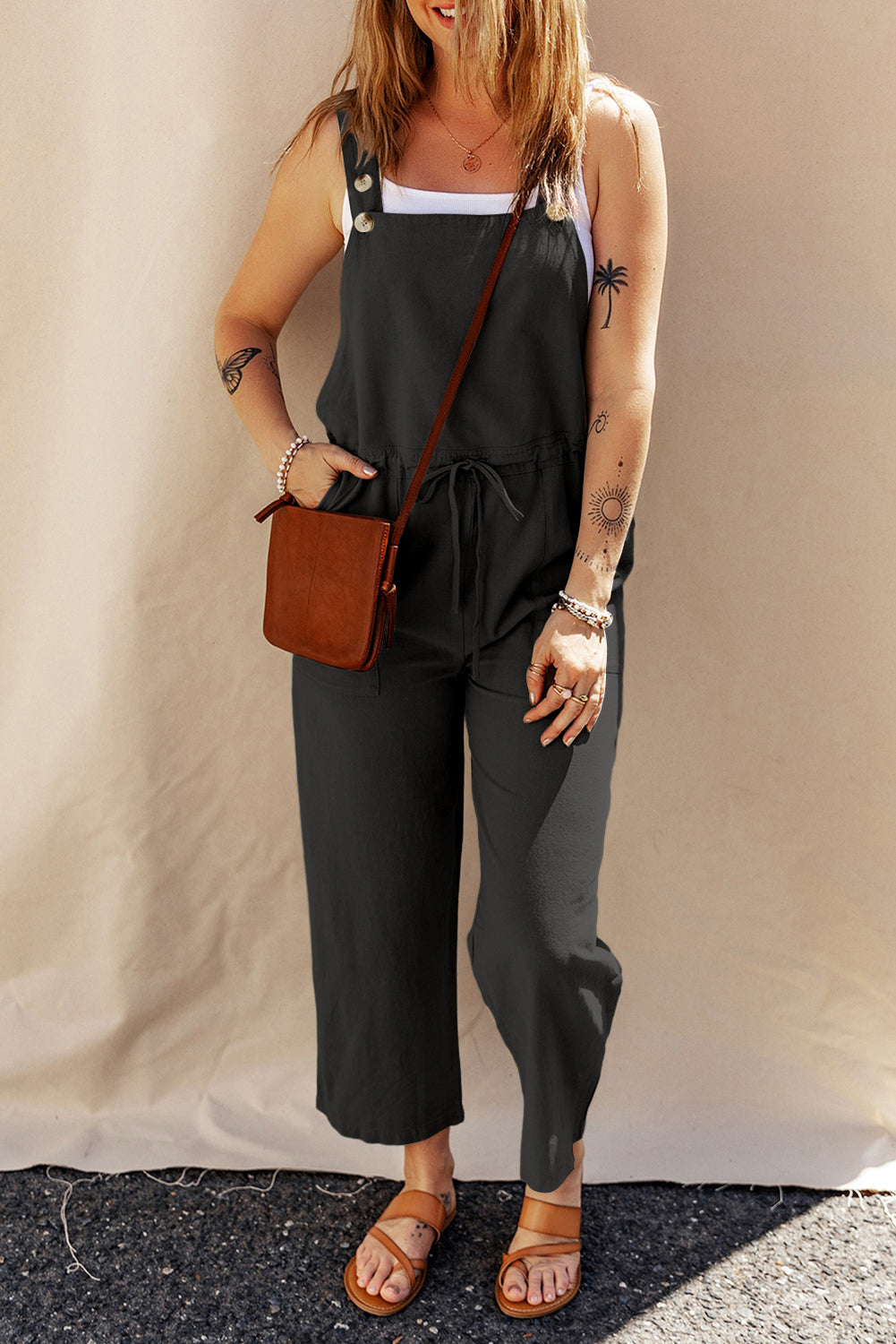Black Drawstring Buttoned Straps Cropped Overall BB Fashion Outlet