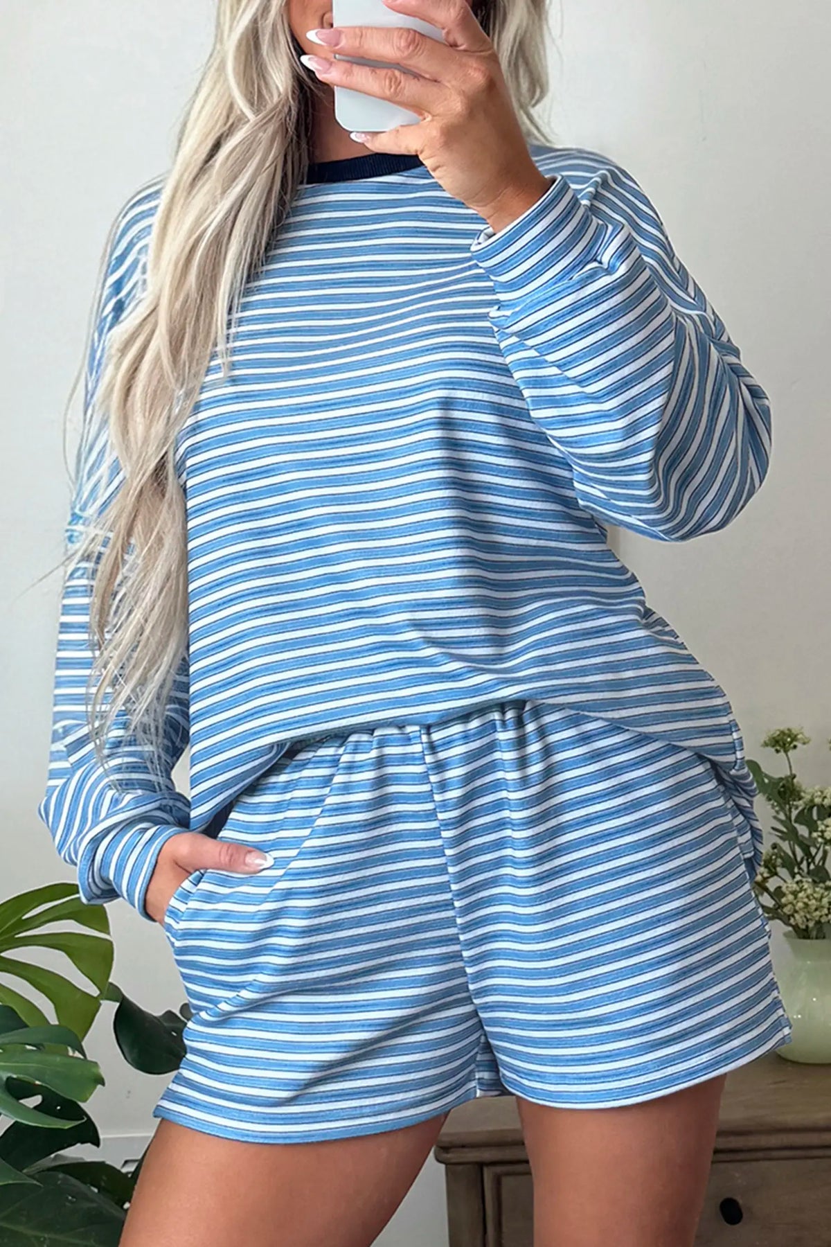 Long Sleeve Oversized Top Pocketed Casual Shorts Two Piece Set – Sky Blue Stripe