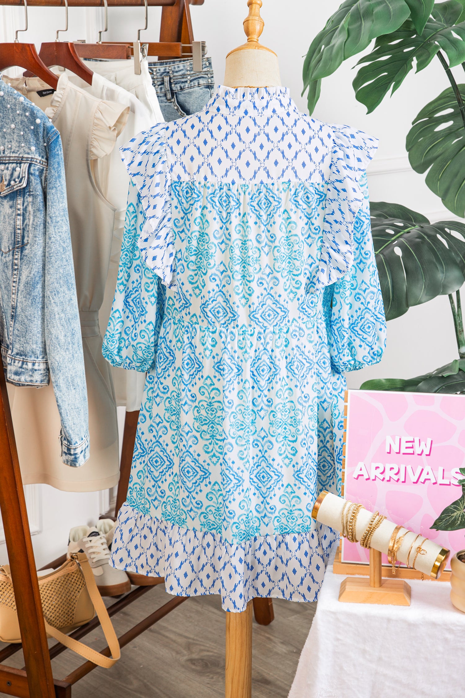 Boho Floral Geometric Patchwork Ruffle Puff Sleeve Mini Dress