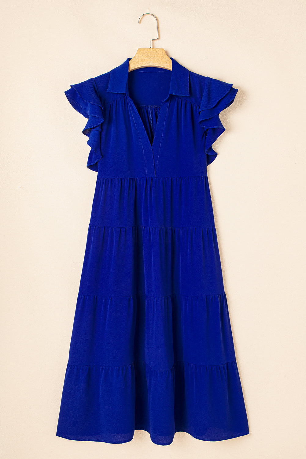 Bluing Ruffled Short Sleeve Collared V Neck Tiered Midi Dress eAura