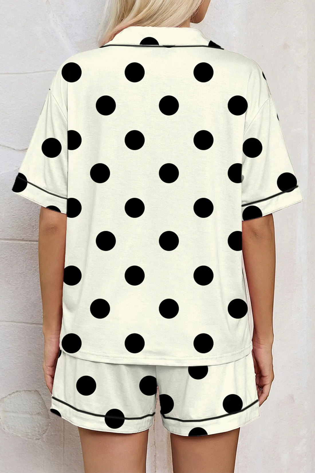 Polka Dot Lapel Shirt & Drawstring Shorts Pyjama Set – Beige