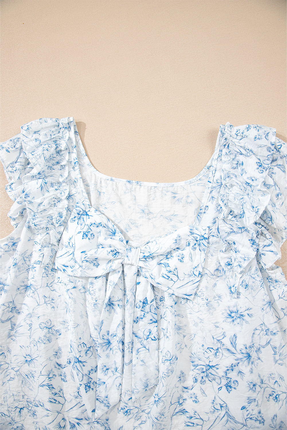 Floral Ruffled Short Sleeve Bow Back Square Neck Blouse eAura