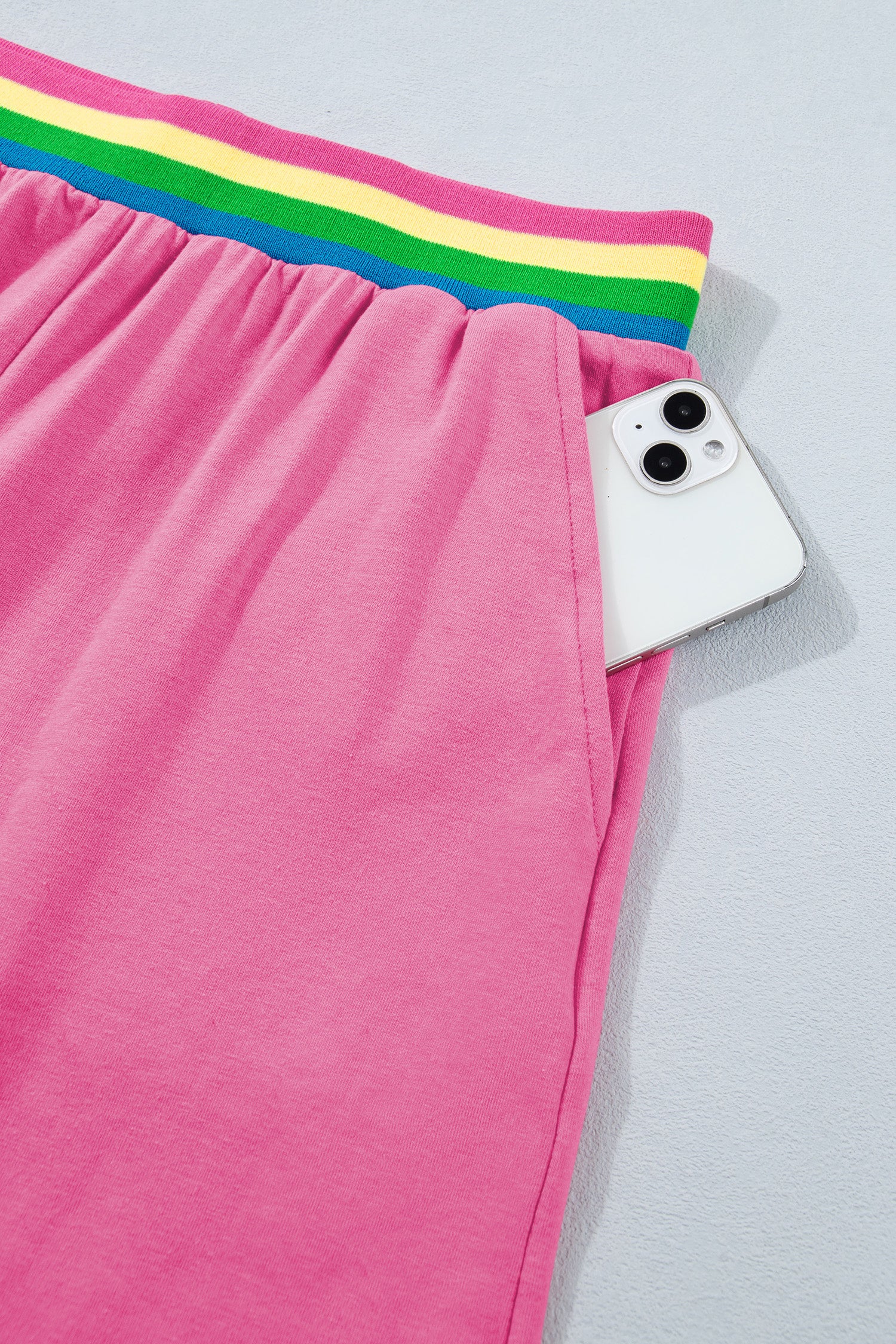 Seam Detail Raw Edge Tee Rainbow Waistband Casual Short Set