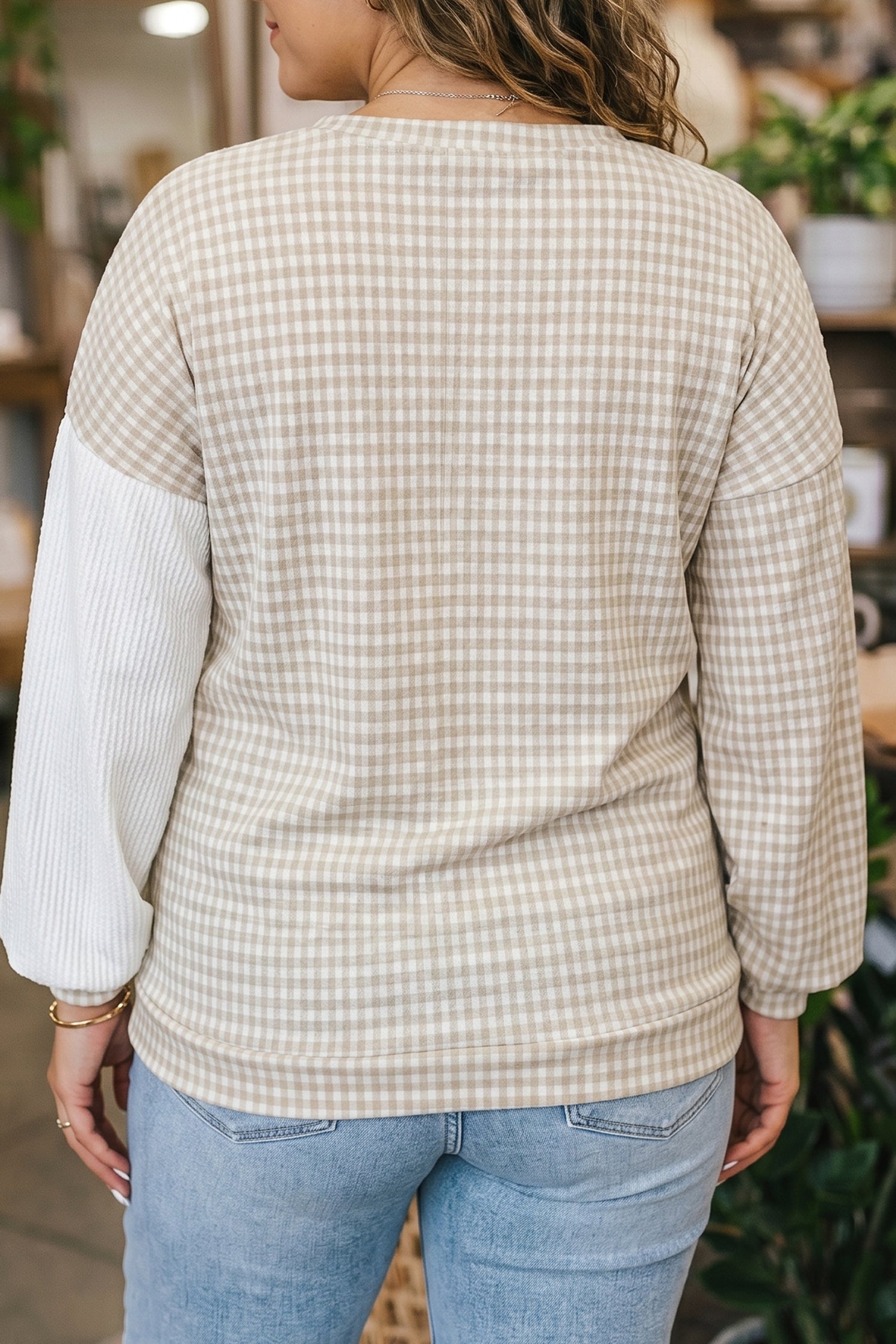 Patchwork Checkered Long Sleeve Round Neck Plus Size Blouse – Khaki