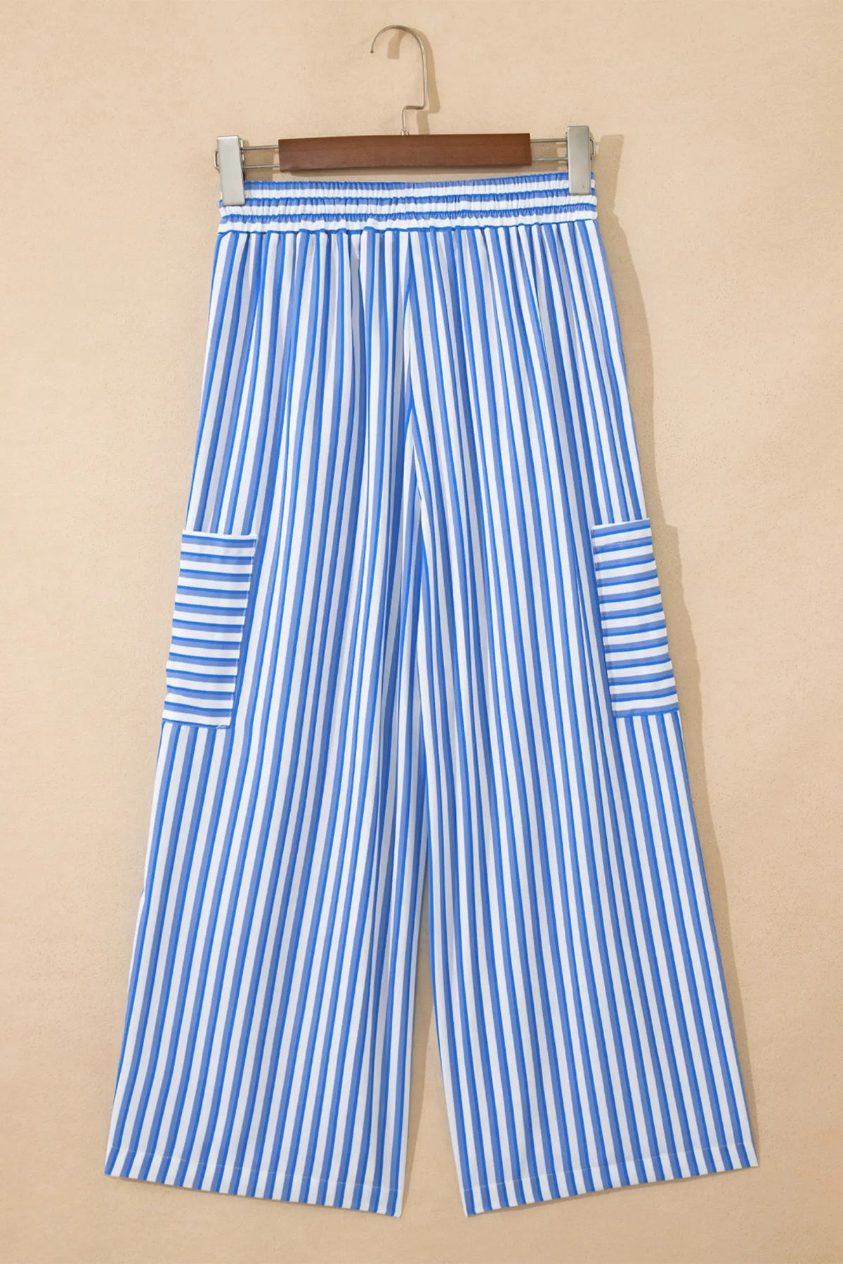 Drawstring Elastic Waist Patch Pocket Wide Leg Ankle-length Pants – Sky Blue Stripe