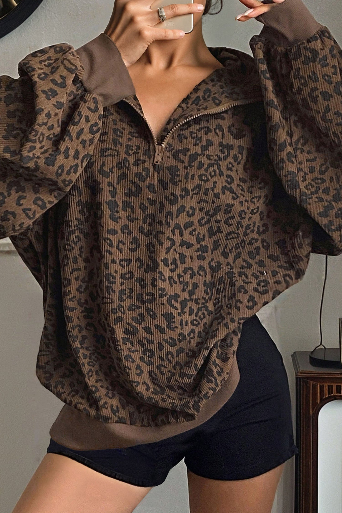 Leopard Print Quarter Zip Soft Corduroy Sweatshirt - eAura