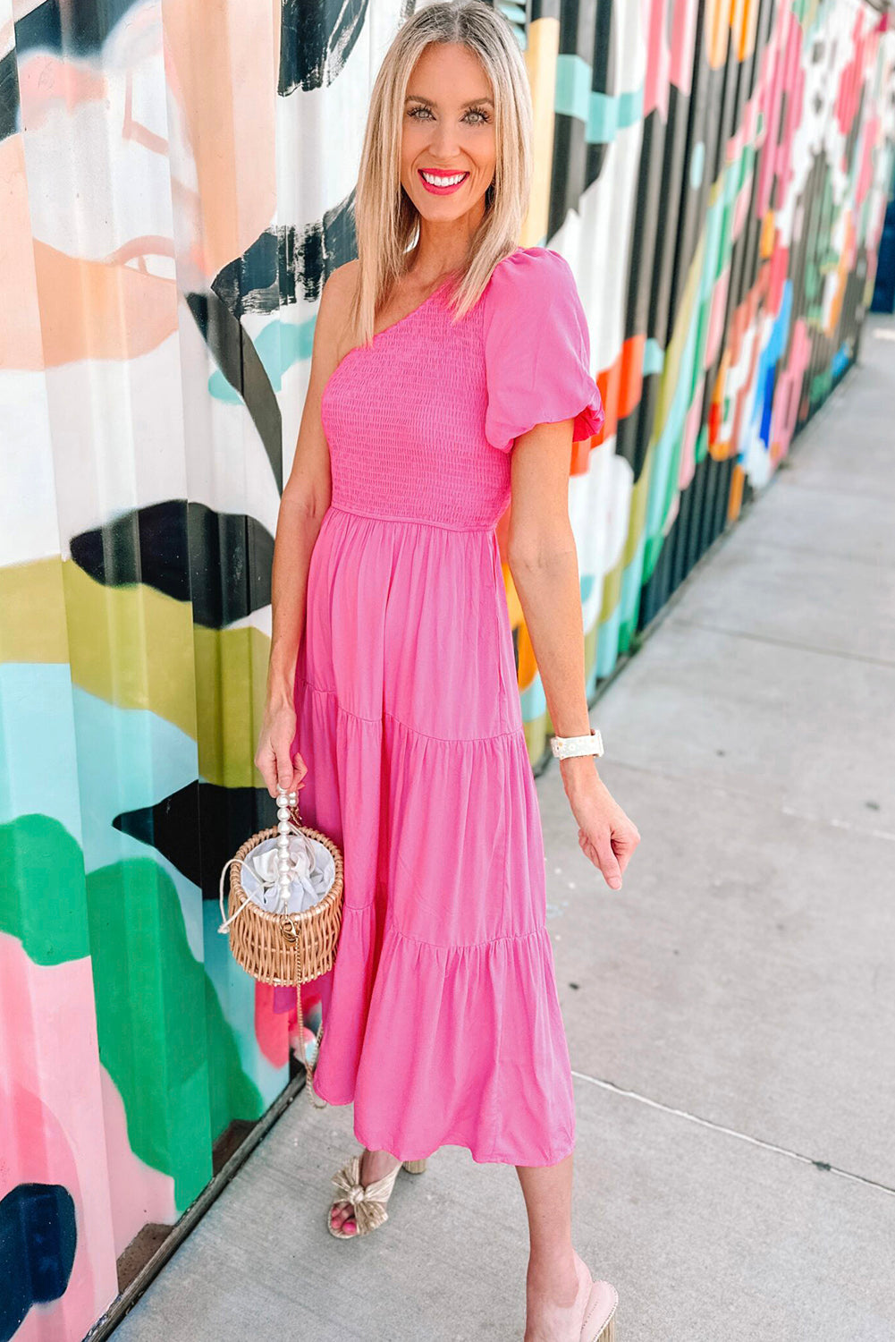 Strawberry Pink Asymmetric Puff Sleeve Smocked Bodice Tiered Midi Dress BB Fashion Outlet