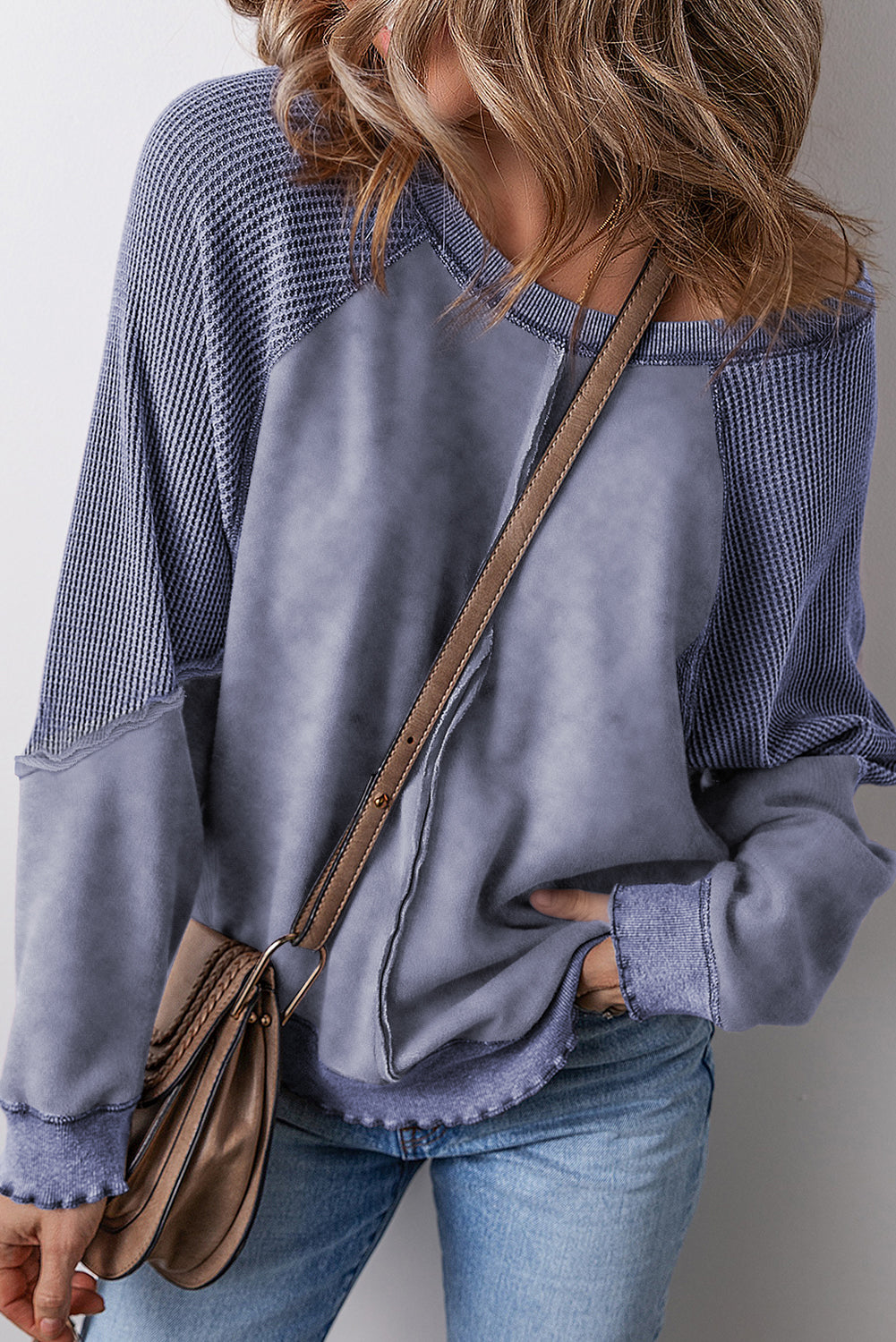 Waffle Knit Patchwork Raglan Sleeve Sweatshirt - eAura