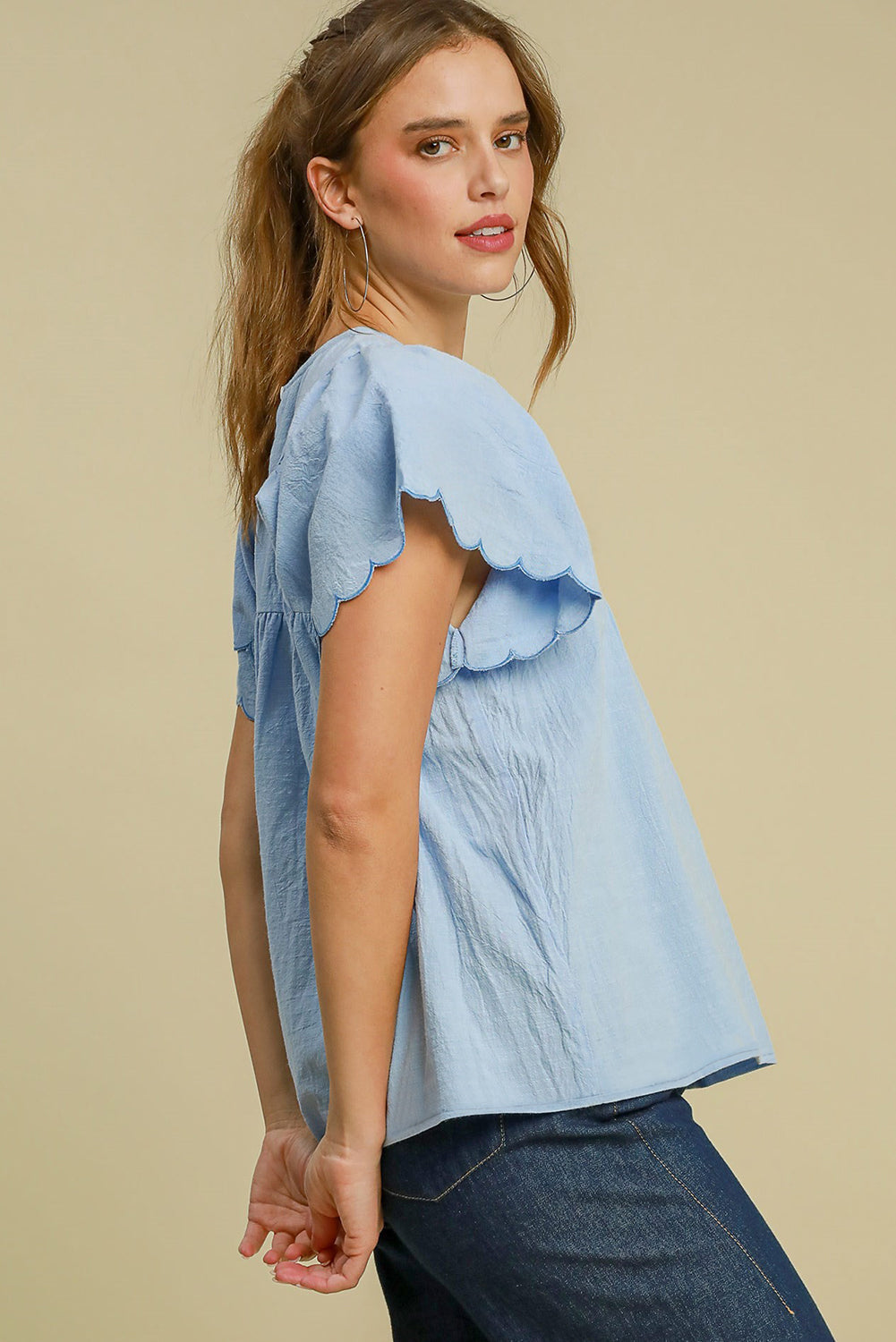 Beau Blue Solid Colour Embroidered Scalloped Sleeves Crew Neck Blouse eAura