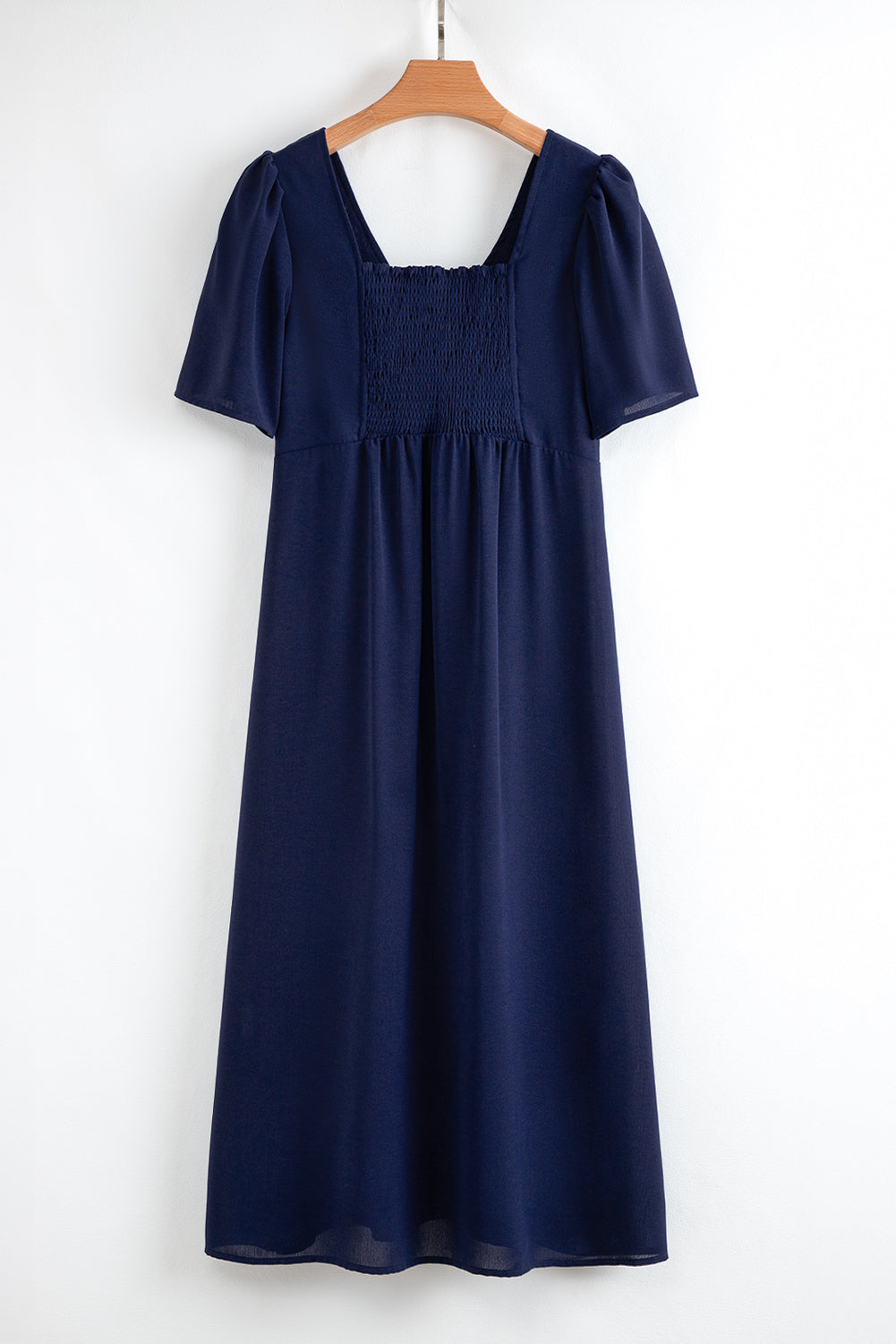 Navy Blue V Neck Buttoned Front Shirred Back Short Sleeve Midi Dress eAura