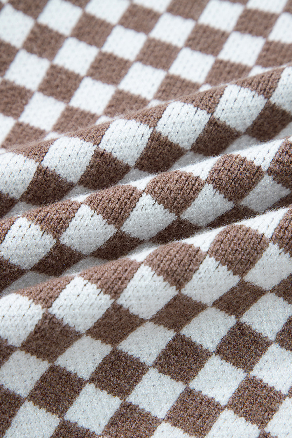 Dark Brown Half Button Ribbed Trim Checkerboard Knit Sweater eAura
