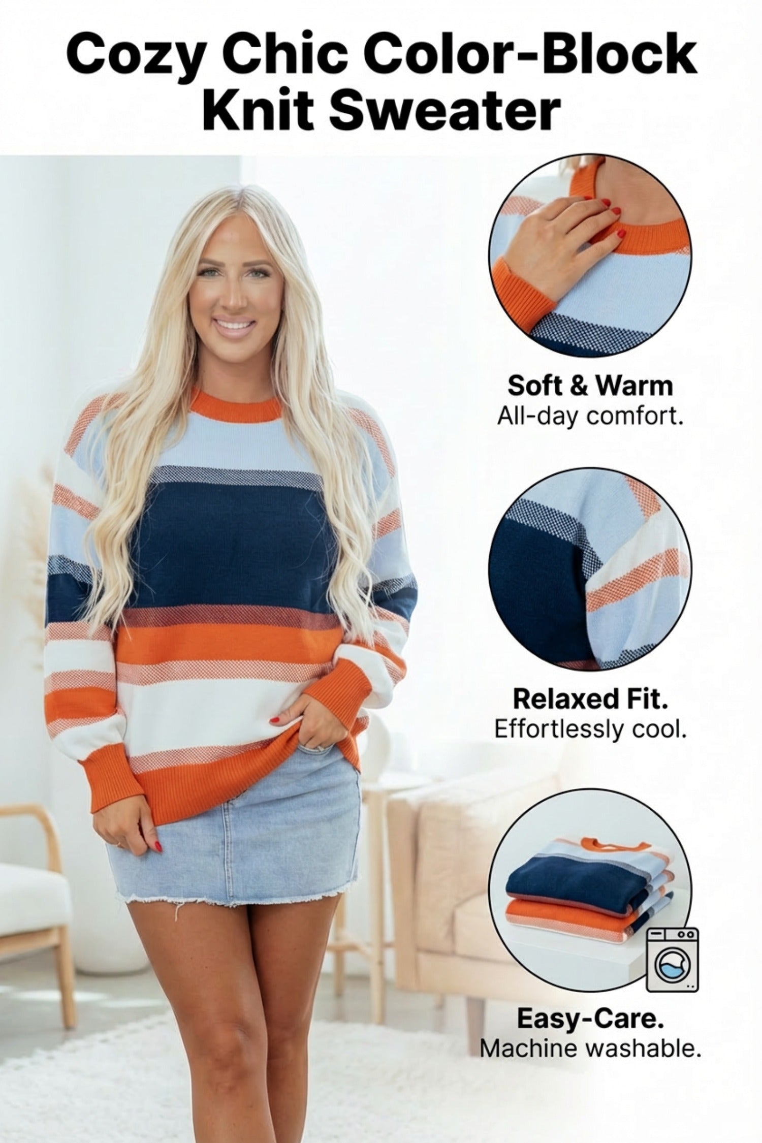 Colour Block Round Neck Sweater - eAura