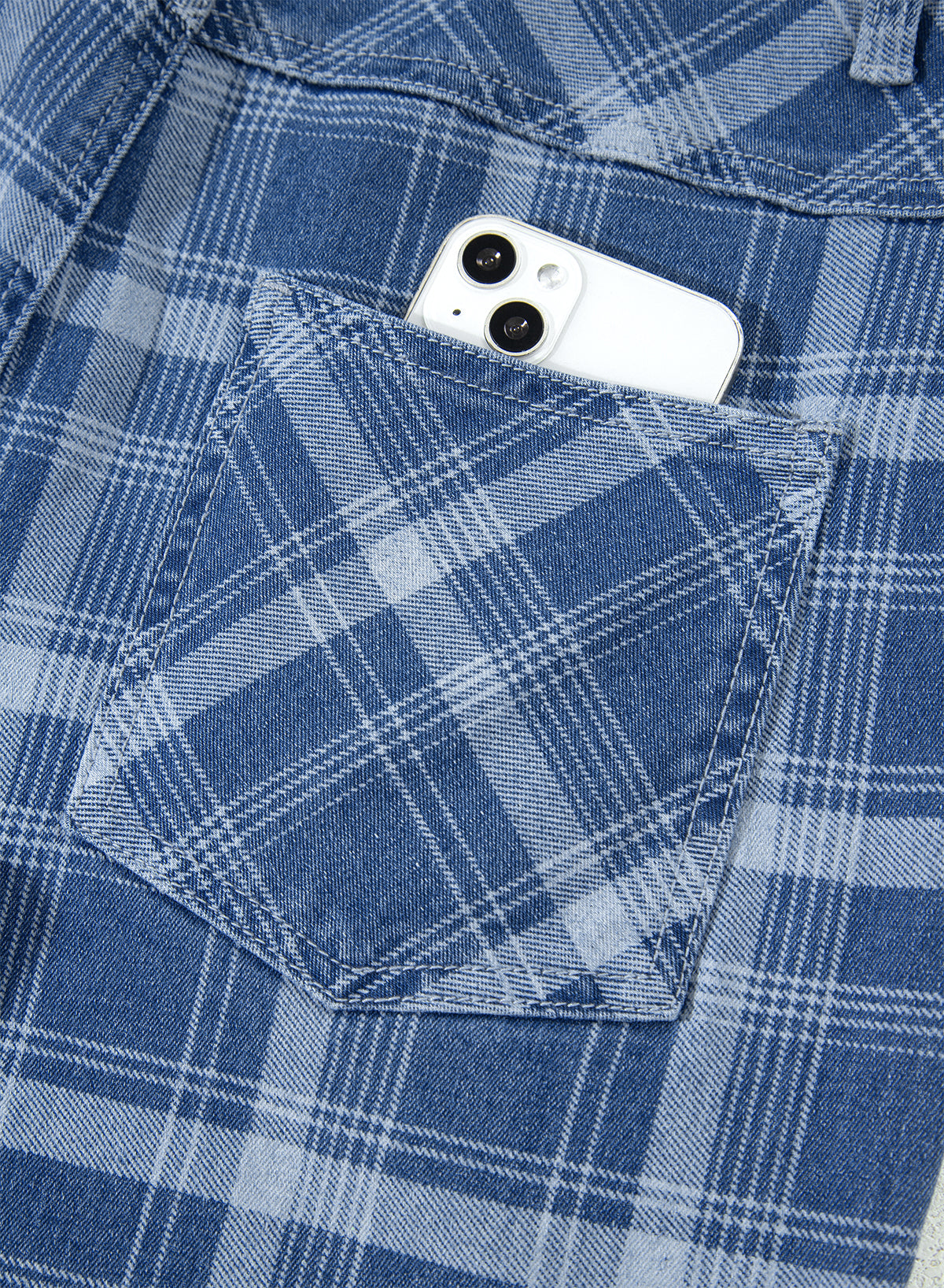 Sky Blue Plaid Denim Grommet Drawstring Waist Ankle-Length Jeans – Light Blue
