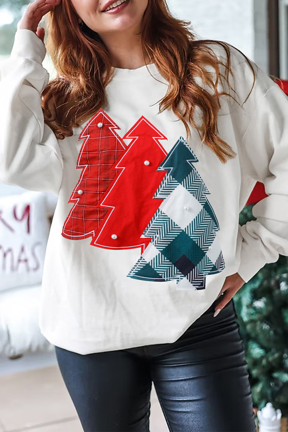 Pearl Plaid Christmas Tree Patched Drop Shoulder Sweatshirt - eAura