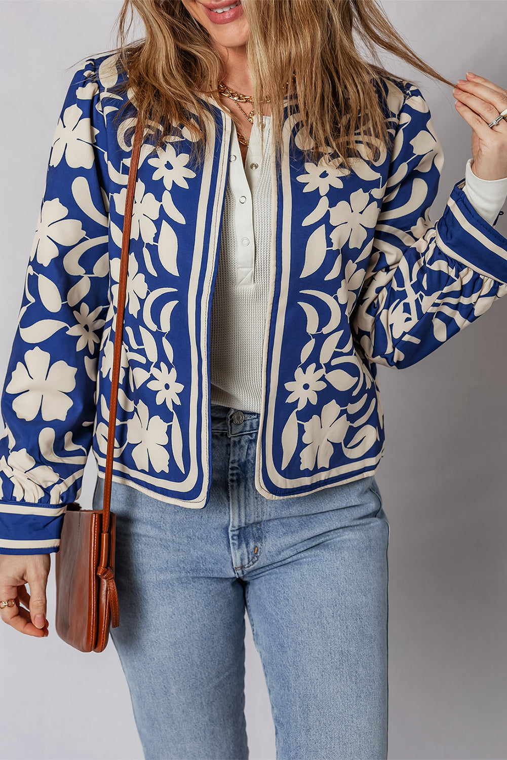 Blue Flower Print Open Front Buttoned Cuffs Elegant Jacket Dear-Lover Dropshipping